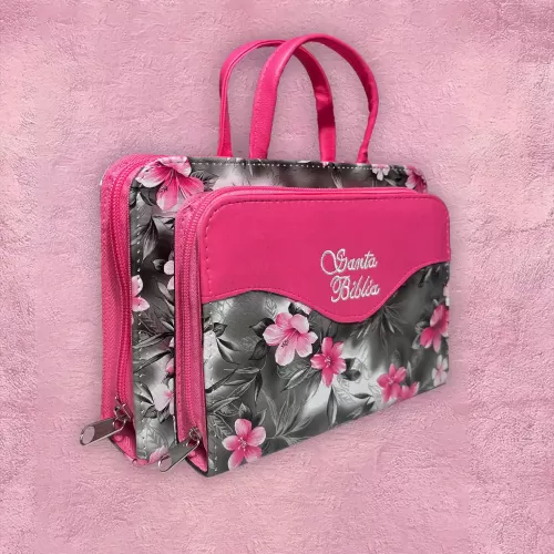 Funda para Biblias - Rosa con negro y flores fuccias